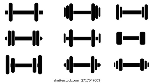 Iconos de mancuerna establecidos en estilo plano delineado y lleno. Pictogramas de línea de mancuernas de entrenamiento de fuerza pesada de gimnasio. Señales de mancuerna de levantamiento de peso eps 10