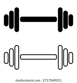 Iconos de mancuerna establecidos en estilo plano delineado y lleno. Pictogramas de línea de mancuernas de entrenamiento de fuerza pesada de gimnasio. Señales de mancuerna de levantamiento de peso eps 10