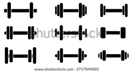 Dumbbell icons set in outlined and filled flat style. Gym heavy strength training dumbbell line pictograms. Weight lifting dumbbell signs eps 10