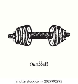 Dumbbell. Ink black and white doodle drawing in woodcut style.