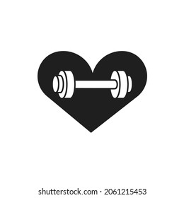 Dumbbell inside the heart. Vector illustration, flat minimal design, isolated on white background. Black silhouette, eps 10. Concept: sport, health, workout, fitness.