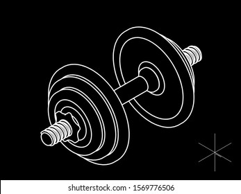Dumbbell. Isolated on black background. Vector outline illustration. Isometric projection.