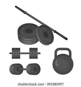 Dumbbell, kettlebell, disk weight and barbell icon isolated on the white background. Sports equipment illustration set for gym or fitness club flayers in flat design.