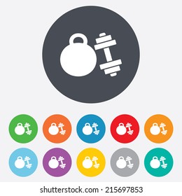 Dumbbell with kettlebell sign icon. Fitness sport symbol. Gym workout equipment. Round colourful 11 buttons. Vector