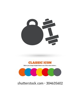 Dumbbell with kettlebell sign icon. Fitness sport symbol. Gym workout equipment. Classic flat icon. Colored circles. Vector