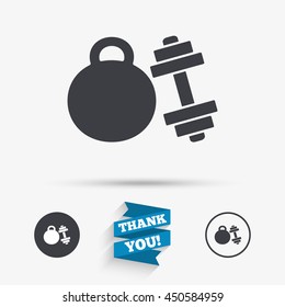 Dumbbell with kettlebell sign icon. Fitness sport symbol. Gym workout equipment. Flat icons. Buttons with icons. Thank you ribbon. Vector