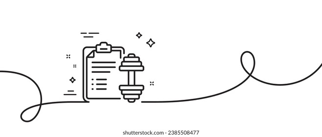 Dumbbell line icon. Continuous one line with curl. Workout plan sign. Gym fit report symbol. Dumbbell single outline ribbon. Loop curve pattern. Vector