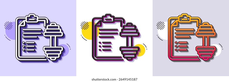 Dumbbell line icon. Halftone dotted pattern. Gradient icon with grain shadow. Workout plan sign. Gym fit report symbol. Line dumbbell icon. Various designs. Vector