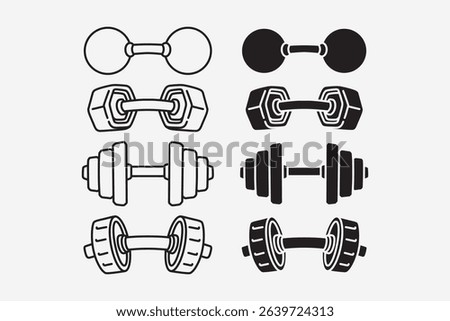 Dumbbell line icon set. Dumbbell silhouette collection. Fitness, gym equipment, weight training, body care, bodybuilding, workout, weightlifting. Vector illustration.