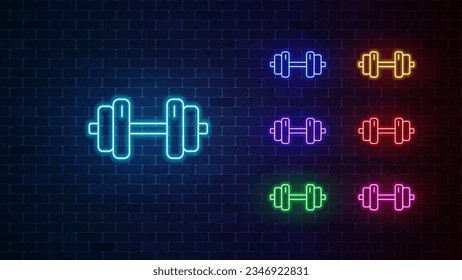 Dumbbell neon icon set. Glowing dumbbell sign. Vector illustration