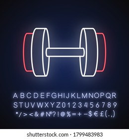 Dumbbell neon light icon. Outer glowing effect. Gym equipment for arms muscle training. Strength exercise, bodybuilding sign with alphabet, numbers and symbols. Vector isolated RGB color illustration