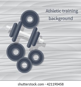 Dumbbell on floor, vector illustration flat design. Dumbbell with additional weights. Dumbbell on gray wooden floor. Wooden background. Concept sport, exercise. Sports background. Template, banner gym
