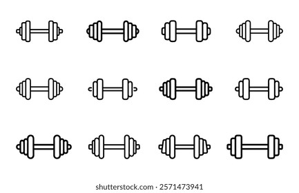 Dumbbell outline icon collection, A set of twelve black dumbbell outline icons in a minimal design, representing fitness, weightlifting, and exercise equipment themes. 
