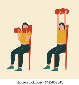 Dumbbell overhead press. Top body workout. Upper body exercises. Flat vector illustration.