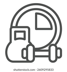Dumbbell pair and clock line icon, remote work concept. Vector graphics. Sport club timer sign on white background, outline style icon for mobile or web design
