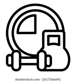 Dumbbell pair and clock line icon, remote work concept. Vector graphics. Sport club timer sign on white background, style mobile or design