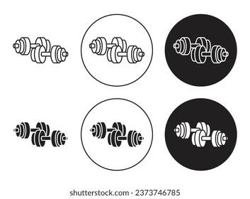 Juego de iconos de par de timbre. símbolo vectorial del ejercicio de gimnasia de peso. señal de timbre de entrenamiento físico en estilo negro relleno y delineado.