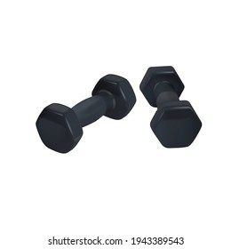 Dumbbell pair set. Fitness weight equipment. Scalable vector realistic illustration. Gym and body building black weights exercise. Isolated graphic image