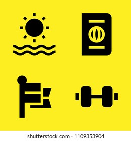 dumbbell, passport, sun and flag vector icon set. Sample icons set for web and graphic design