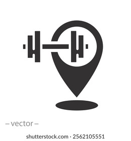 dumbbell with pinpoint, gym location icon, fitness studio map pointer, flat vector illustration