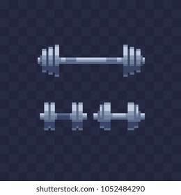 Dumbbell pixel art icons set, bumbbell isolated vector illustration. Sport equipment. Design for fitness club logo, sticker and mobile app. Game assets 8-bit sprite.