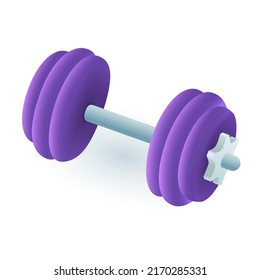 Dumbbell with purple plates 3D icon. Weights, equipment for gym 3D vector illustration on white background. Sports, healthy or active lifestyle, fitness concept