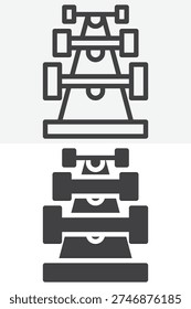 Dumbbell rack gym icon set with stacked weights. Line outline and solid icon versions with editable stroke. Vector sign and symbol for fitness dumbbell rack storage icon.