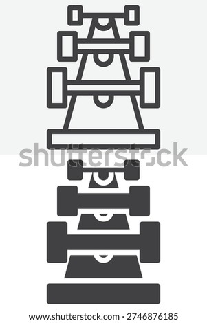 Dumbbell rack gym icon set with stacked weights. Line outline and solid icon versions with editable stroke. Vector sign and symbol for fitness dumbbell rack storage icon.