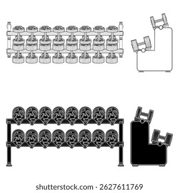 Dumbbell Rack Horizontal Vector 05. Illustration Of Dumbbells Isolated On White Background.