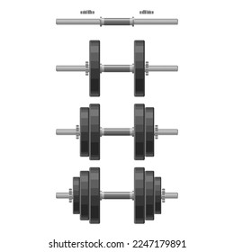 Dumbbell with removable disks different weights set isolated on white background. Weightlifting equipment, Bodybuilding, gym, crossfit, workout, fitness club symbol. Sport vector illustration