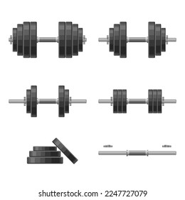 Dumbbell with removable disks different weights set isolated on white background. Weightlifting equipment, Bodybuilding, gym, crossfit, workout, fitness club symbol. Sport vector illustration