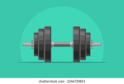 Dumbbell with removable disks isolated on green background. Weightlifting equipment, Bodybuilding, gym, crossfit, workout, fitness club symbol. Sport vector illustration