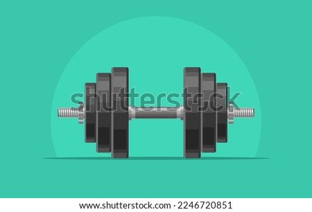 Dumbbell with removable disks isolated on green background. Weightlifting equipment, Bodybuilding, gym, crossfit, workout, fitness club symbol. Sport vector illustration