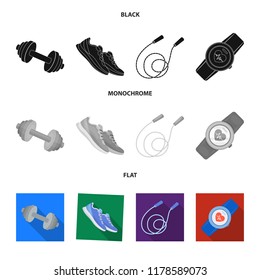 Dumbbell, rope and other equipment for training.Gym and workout set collection icons in black, flat, monochrome style vector symbol stock illustration web.