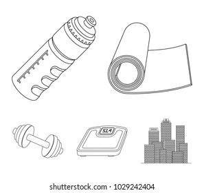 A dumbbell, a rug and other equipment for training.Gym and workout set collection icons in outline style vector symbol stock illustration web.