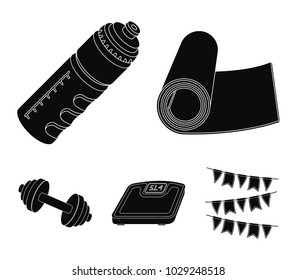 A dumbbell, a rug and other equipment for training.Gym and workout set collection icons in black style vector symbol stock illustration web.