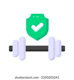 Dumbbell with safety shield denoting concept icon of health insurance, healthcare protection, fitness