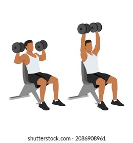 Dumbbell Seated dumbbell overhead press. Top body workout. Upper body exercises. Flat vector illustration. sitting on bench