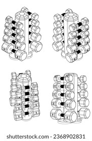 Dumbbell set isolated on white background. Fitness, cardio, and muscle building machines. Exercise and gym concept. Vector illustration.