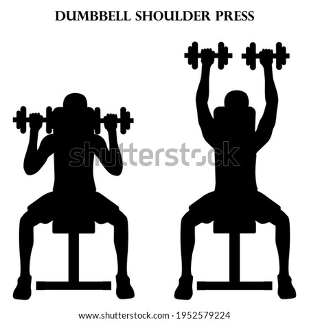 Dumbbell shoulder press vector illustration silhouette on the white background.