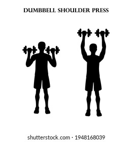 Dumbbell shoulder press workout exercise vector illustration silhouette on the white background.