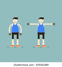 Dumbbell Side Lateral Raise Exercise Guide, Shoulder Exercise of Weight Training Guide. Vector illustration flat style. 