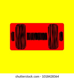 Dumbbell sign. Dumb bell. Vector. Black scribble icon in red container with rounded corners at yellow background. Isolated.