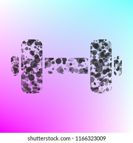 Dumbbell sign. Dumb bell. Vector. Gray icon with bubbled texture at color background with pink and sky blue corners.