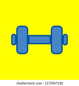 Dumbbell sign. Dumb bell. Vector. Office style blue icon at yellow background.