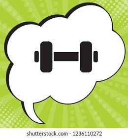 Dumbbell sign. Dumb bell. Vector. Black icon in speech bubble at popart yellow green background.