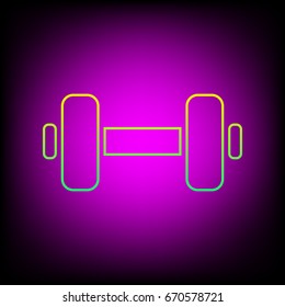 Dumbbell sign. Dumb bell. Vector. Yellow-green gradient linear icon on magenta light as background