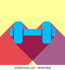 Dumbbell sign. Dumb bell. Vector. Deep sky blue icon with two flat violet and raspberry semitransparent shadows on canary background.