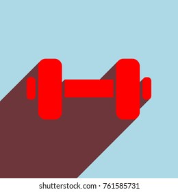 Dumbbell sign. Dumb bell. Vector. Red flat icon with infinte wine shadow to left down corner at sky background.