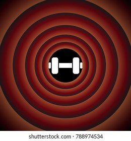 Dumbbell sign. Dumb bell. Vector. White icon on black circle in gradient rings.